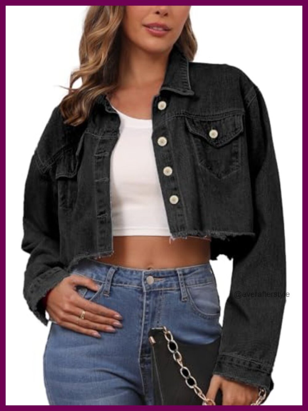 Cropped Denim Jacket for Women, Frayed Hem, Button Down Long Sleeve, Vintage
